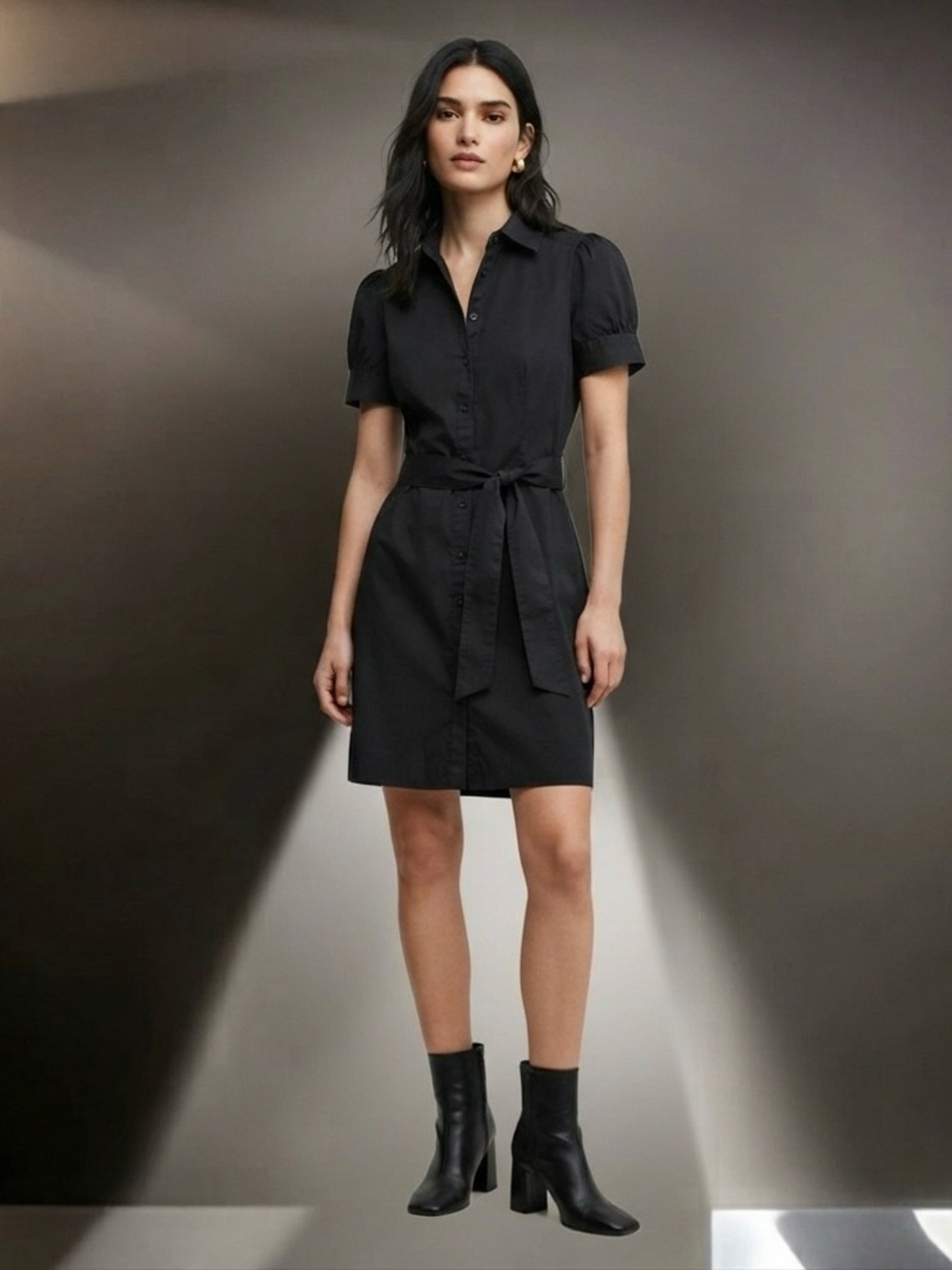 Zara Black Short Sleeve Short Dress with Tie Waist
